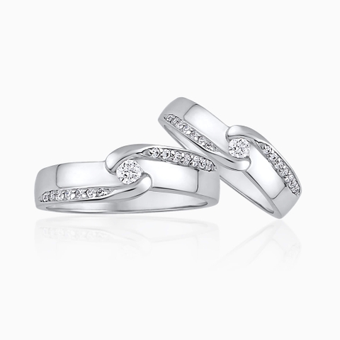 Trang sức nhẫn cưới vàng trắng 18K mix đá kim cương