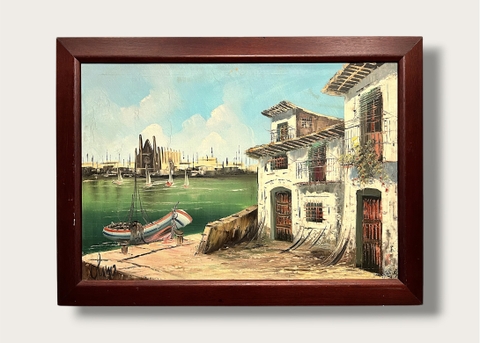 ⛵️ Tranh sơn dầu châu Âu tả góc phố nhìn ra vịnh xanh