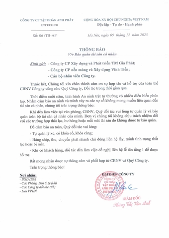CÔNG TY CỔ PHẦN TẬP ĐOÀN ANH PHÁT INTECHCO THÔNG BÁO VỀ VIỆC QUẢ LÝ, TỰ BẢO QUẢN TÀI SẢN TRONG THỜI GIAN LÀM VIỆC TẠI TRỤ SỞ CÔNG TY