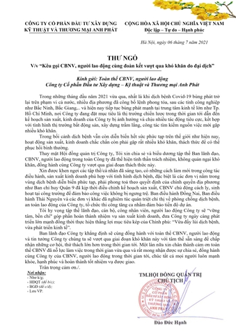 Toàn văn Thư ngỏ của Chủ tịch Hội đồng quản trị Công ty về việc kêu gọi CBNV, người lao động đoàn kết, chung tay vượt qua khó khăn đại dịch