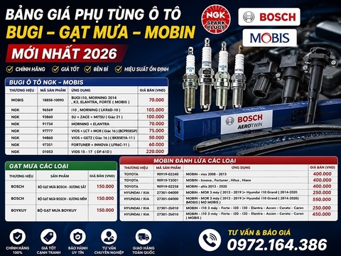 Bảng Giá Bugi, Gạt Mưa, Mobin Ô Tô Mới Nhất 2026