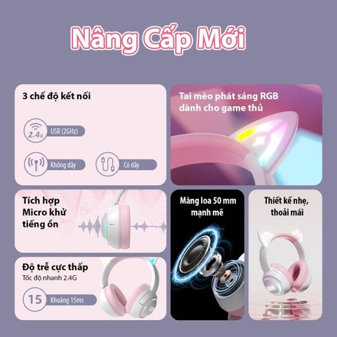 TAI NGHE ONIKUMA GT838 Tri-Mode (2.4G+Bluetooth+Wired) White Pink