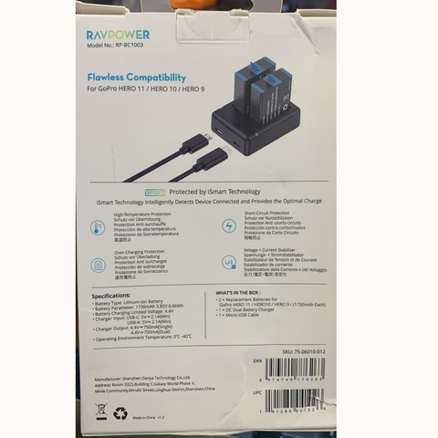 BỘ 2 PIN,1 SẠC RAVPOWER  GOPRO HERO 9,10,11 (RP-BC1003)