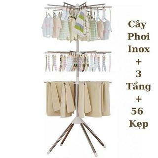 Cây phơi quần áo cho bé inox 3 tầng 56 kẹp móc, xoay 360 độ