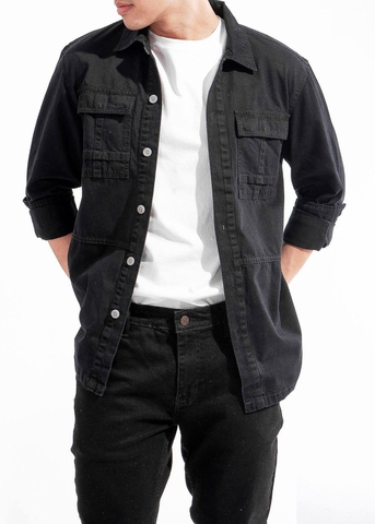 Áo khoác denim nam màu đen fom rộng thời trang nam
