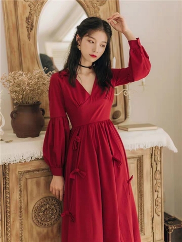 Ảnh thật)(sẵn xanh, đỏ, kem) Váy đầm maxi 2 dây dáng dài xếp ly ngực cổ V  bo chun lưng tiểu thư vintage boho nhiều màu | Shopee Việt Nam