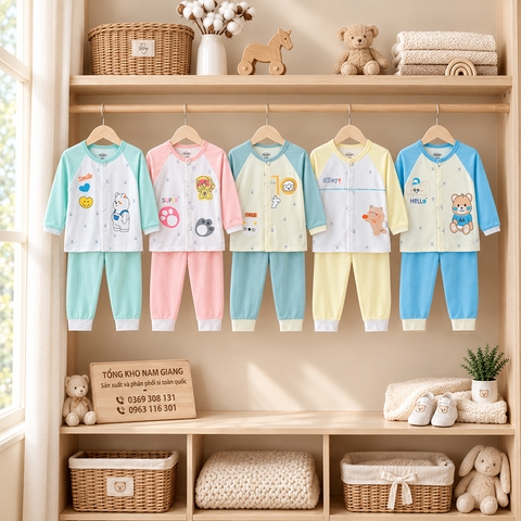 Bộ dài sơ sinh thun lạnh VTKids cúc giữa VTBD14
