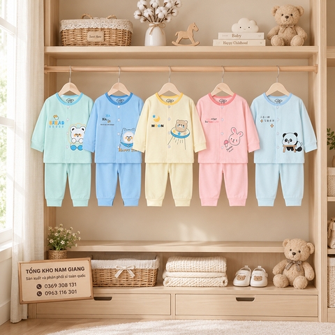 Bộ dài sơ sinh thun lạnh VTKids cúc giữa VTBD15