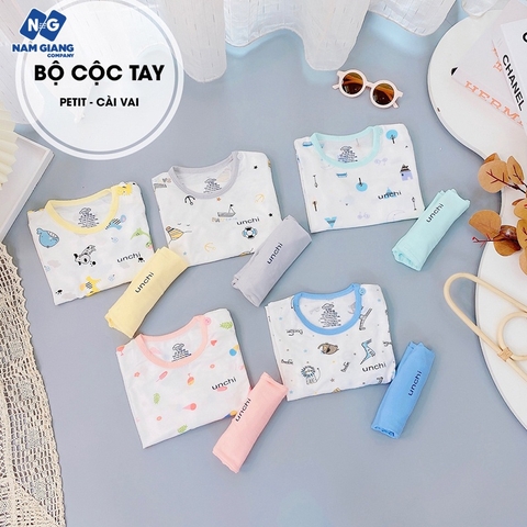 Bộ cộc tay unchi họa tiết cài vai chất petit