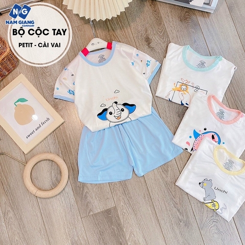 Bộ cộc tay unchi in hình cài vai chất petit