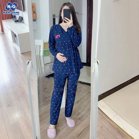 Bộ sau sinh vén ngực PINK dài tay cotton