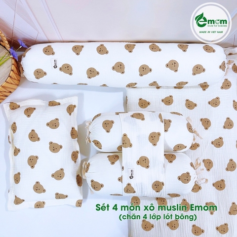 Sét 4 món xô muslin EMOM LOVELY (chăn 4 lớp lót bông)