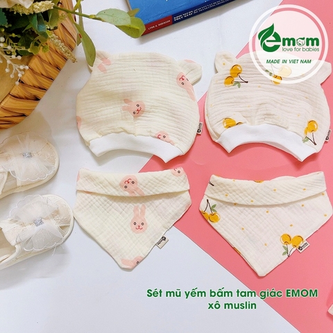 Sét mũ yếm bấm tam giác muslin EMOM