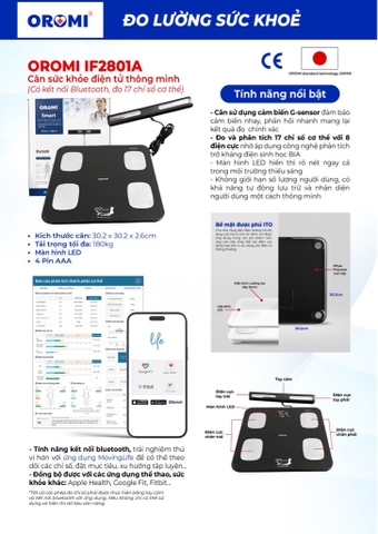 Cân Sức Khỏe Điện Tử Thông Minh, Có Kết Nối Bluetooth, Đo 17 Chỉ Số Cơ Thể (tặng kèm pin) Oromi - iF2801A