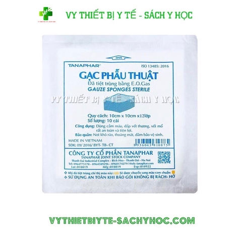 Gạc Phẫu Thuật / 1 bịch (10cm X 10cm X 12 Lớp)/ Gạc phẫu thuật tiệt trùng TANAPHAR (Kt: 10cm x 10cm x 12 lớp)