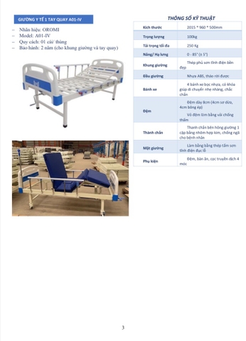 Giường y tế 1 tay quay Oromi - Model A01-IV