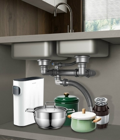 Bộ xiphong chậu rửa bát 2 hố 2 bầu rác đường kính 11cm thiết kế sát tường tận dụng diện tích