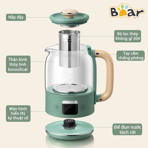 Bình pha trà thủy tinh cắm điện đa năng Bear 0,8L YSH-C08T1