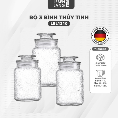 Bộ 3 hũ thủy tinh Lebenlang LBL1210 gồm 1L, 1.3L, 1.5L