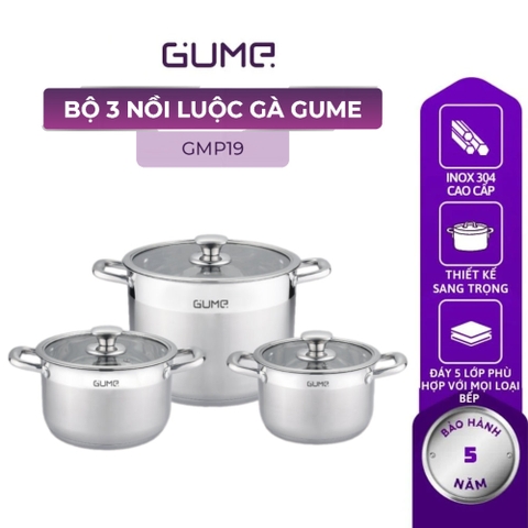 Bộ 3 nồi Inox 304 đáy 5 lớp Gume Hàn Quốc GMP19 size 18,20,28cm