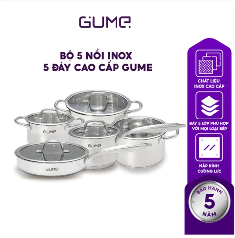 Bộ Nồi Chảo Inox đáy 5 Lớp GUME Hàn Quốc - Bảo Hành 5 Năm (5 sản phẩm)