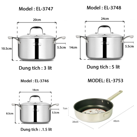 Bộ nồi, chảo inox 304 liên khối Elmich Trimax ECO EL-8004 size 18, 20, 26, chảo 26cm