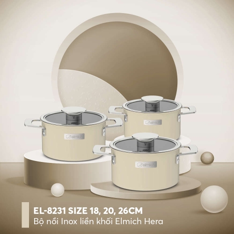 Bộ nồi Inox liền khối Elmich Hera màu vàng EL-8231 size 18,20,26cm