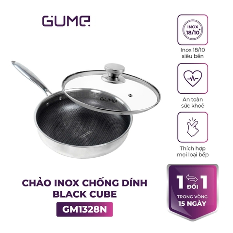 Chảo inox 18/10 chống dính Blackcube Gume Korea GM1328N vung kính