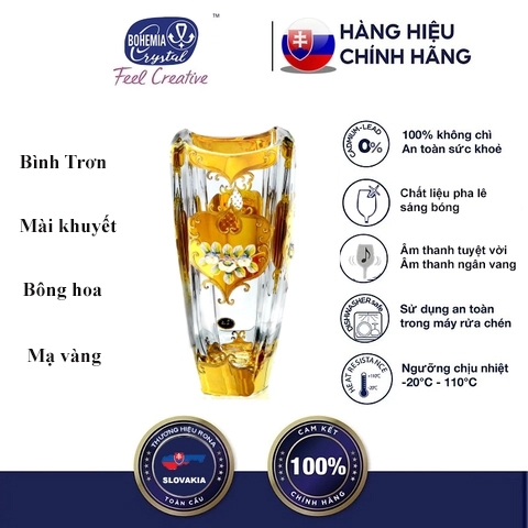 Bình bông pha lê mạ vàng dáng trụ đắp nổi hoa cổ điển