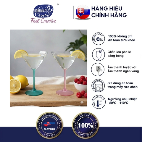 Bộ 6 Ly Martini Bohemia Pha Lê Tiệp 280ml – Màu Xanh & Hồng Cao Cấp