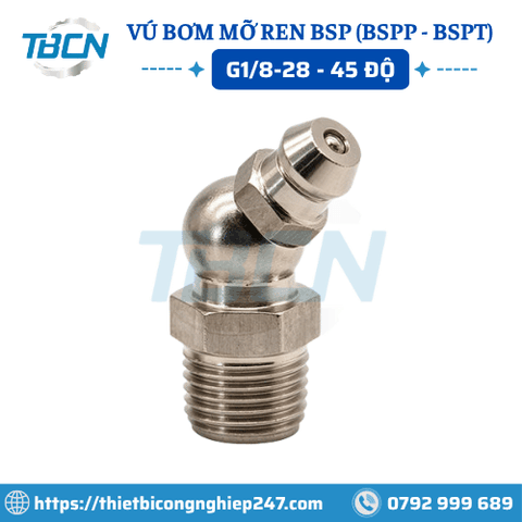 Vú Bơm Mỡ Ren BSP G1/8 Nghiêng 45 Độ