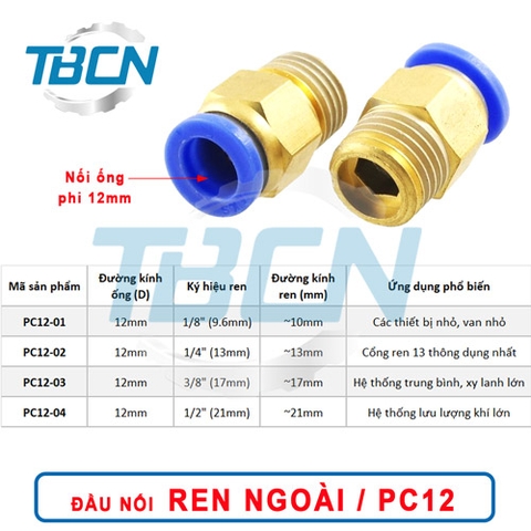 Đầu Nối Khí Nén Ren Ngoài Ống Phi 12mm