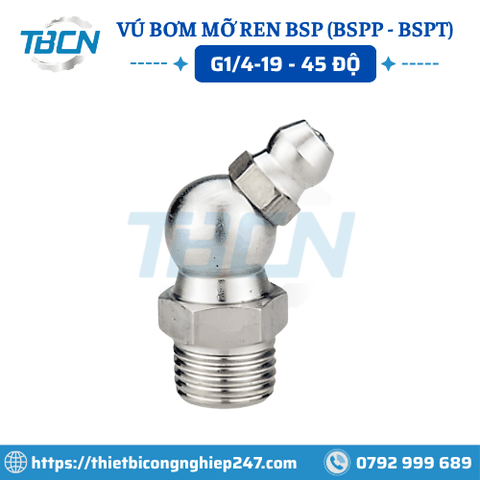 Vú Bơm Mỡ Ren BSP G1/4 Nghiêng 45 Độ