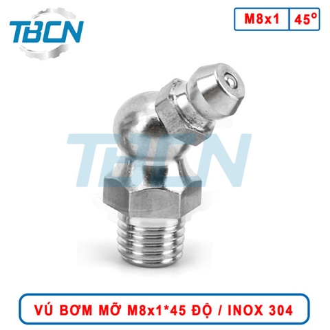 Vú Bơm Mỡ Góc 45 Độ M8x1 Inox 304