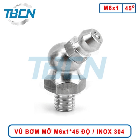 Vú Bơm Mỡ Góc 45 Độ M6x1 Inox 304