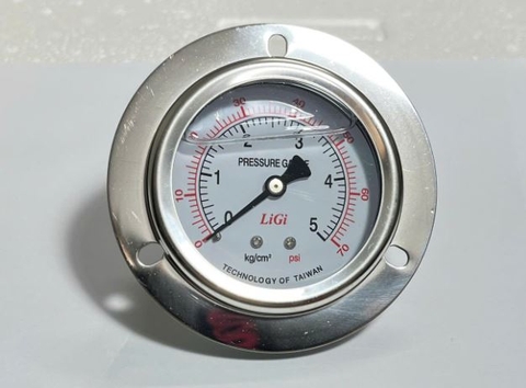 Đồng hồ đo áp suất có dầu mặt 63(mm). Chân sau LIGI, dải đo: (0-1) kg/cm2 đến (0-700) kg/cm2.
