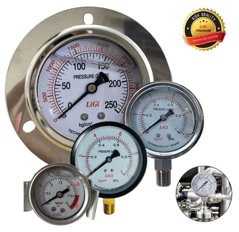 Đồng hồ đo áp suất có dầu mặt 63(mm). Chân sau LIGI, dải đo: (0-1) kg/cm2 đến (0-700) kg/cm2.