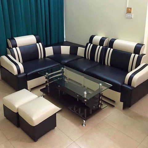 Sofa góc da tím than sọc trắng