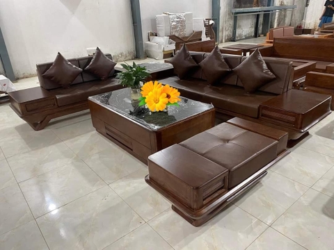Sofa Gỗ Sồi Chân Thuyền Chéo Trái Màu Óc Chó