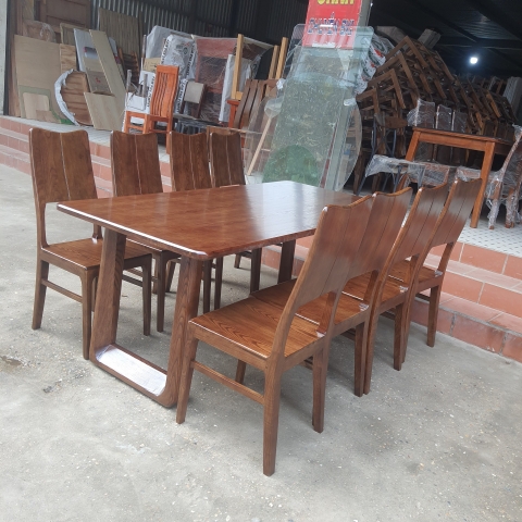 Bàn ăn gỗ sồi chân chữ u 8 ghế màu óc chó