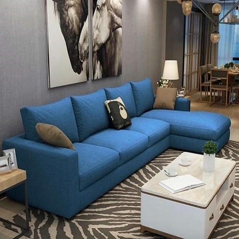 Sofa góc nỉ màu xanh dương