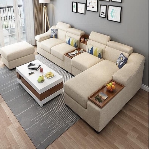 Sofa góc nỉ cao cấp tay gỗ