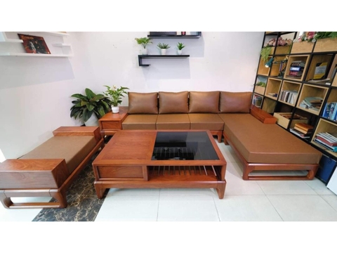 Sofa Gỗ Sồi Chân Hươu Góc Chữ L Màu Hương Bên Phải