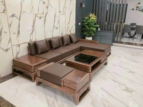 Sofa Gỗ Sồi Chân Hươu Góc Chữ L Màu Óc Chó Bên Phải