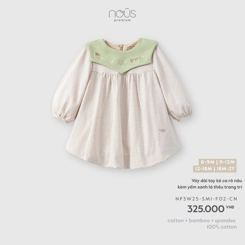 NOUS - Váy dài tay kẻ ca rô nâu kèm yếm xanh lá thêu trang trí - 6-9M - SS26.T8A