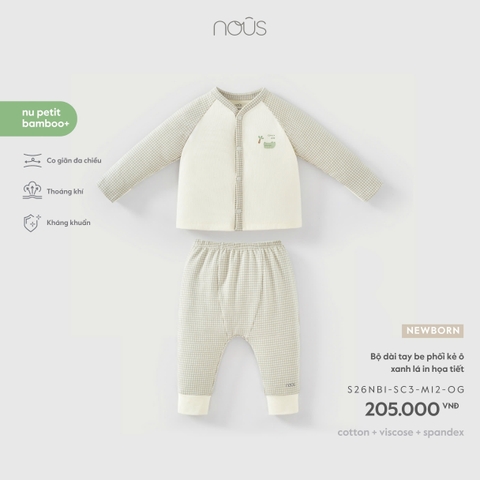 NOUS - Bộ dài tay be phối kẻ ô xanh lá in họa tiết - Newborn - SS26.T8A