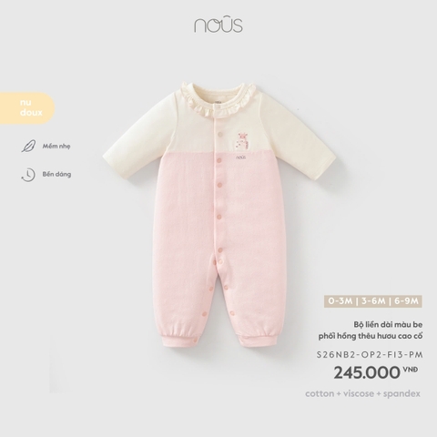 NOUS - Bộ liền dài màu be phối hồng thêu hươu cao cổ - 3-6M - SS26.T8A
