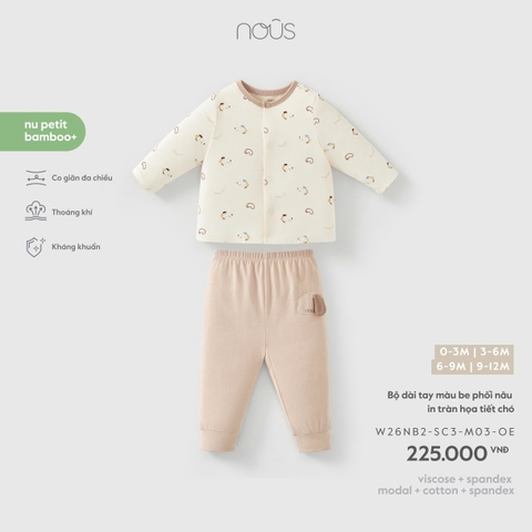 NOUS - Bộ dài tay màu be phối nâu in tràn họa tiết chó - 3-6M - SS26.T8A