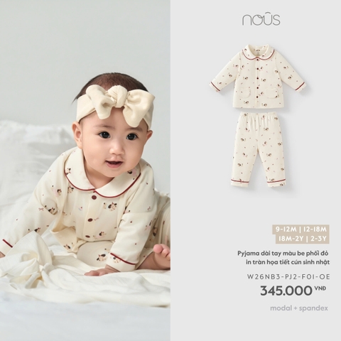 NOUS - Pyjama dài tay màu be phối đỏ in tràn họa tiết cún sinh nhật - 2-3Y - SS26.T8A
