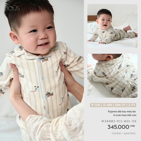 NOUS - Pyjama dài tay màu be in tràn họa tiết cún - 2-3Y - SS26.T8A